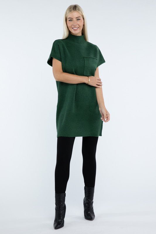 Mock Neck Short Sleeve Sweater Dress with Pocket - The Edit LLC