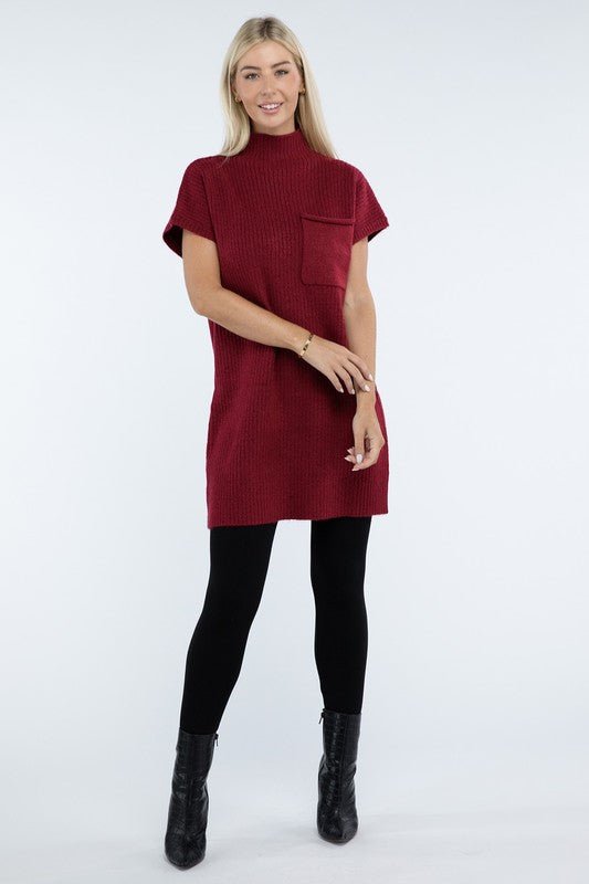 Mock Neck Short Sleeve Sweater Dress with Pocket - The Edit LLC