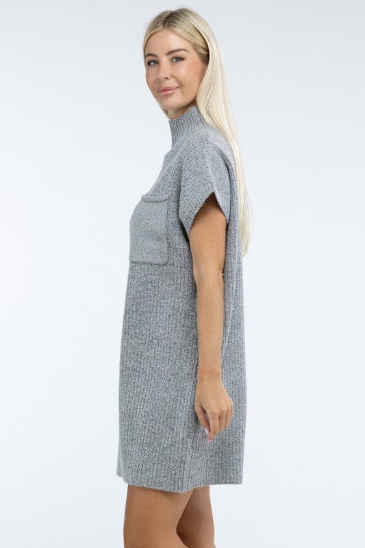 Mock Neck Short Sleeve Sweater Dress with Pocket - The Edit LLC