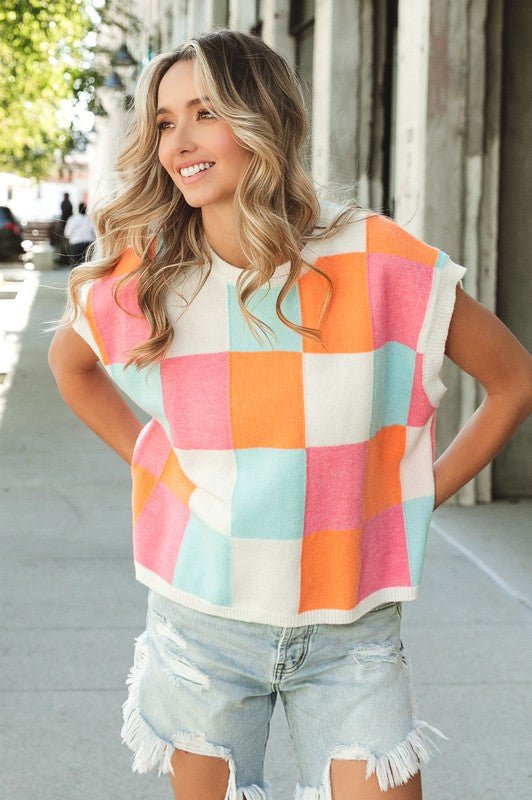 Multi - Color Checker Sweater Vest - The Edit LLC