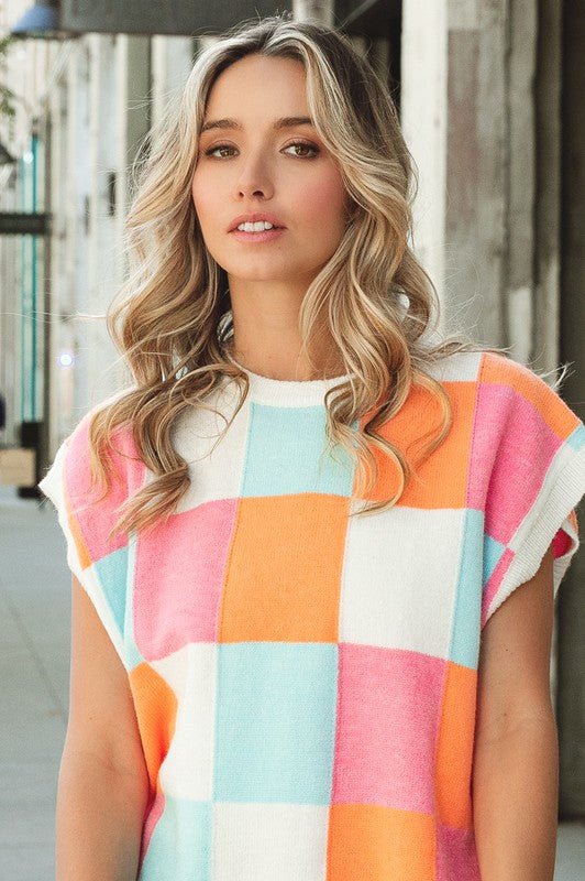 Multi - Color Checker Sweater Vest - The Edit LLC