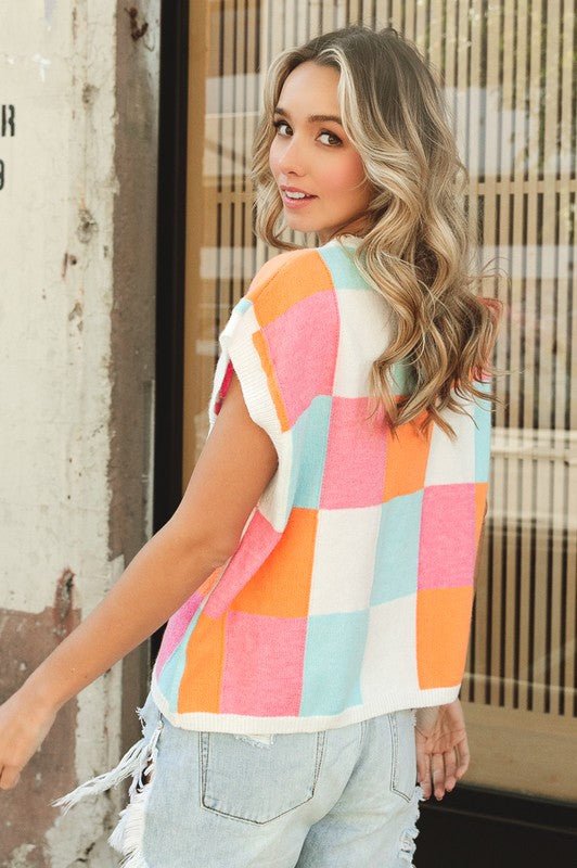 Multi - Color Checker Sweater Vest - The Edit LLC