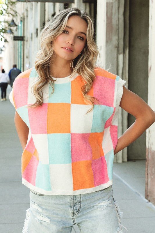 Multi - Color Checker Sweater Vest - The Edit LLC