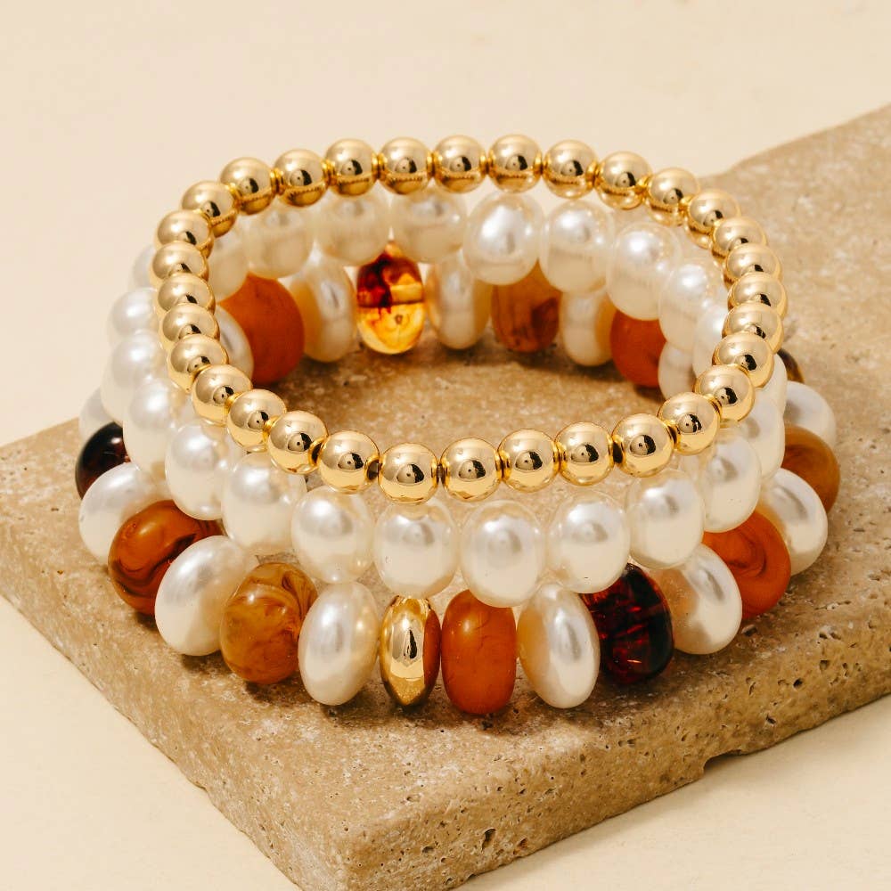 Multi Pearl Marble Resin And Metallic Beaded Bracelet Stack - The Edit LLC