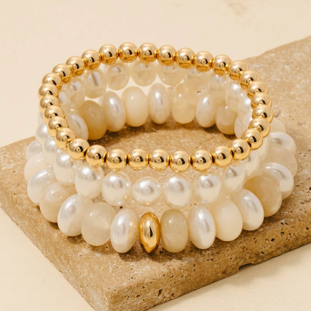 Multi Pearl Marble Resin And Metallic Beaded Bracelet Stack - The Edit LLC