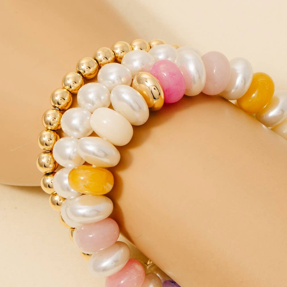 Multi Pearl Marble Resin And Metallic Beaded Bracelet Stack - The Edit LLC