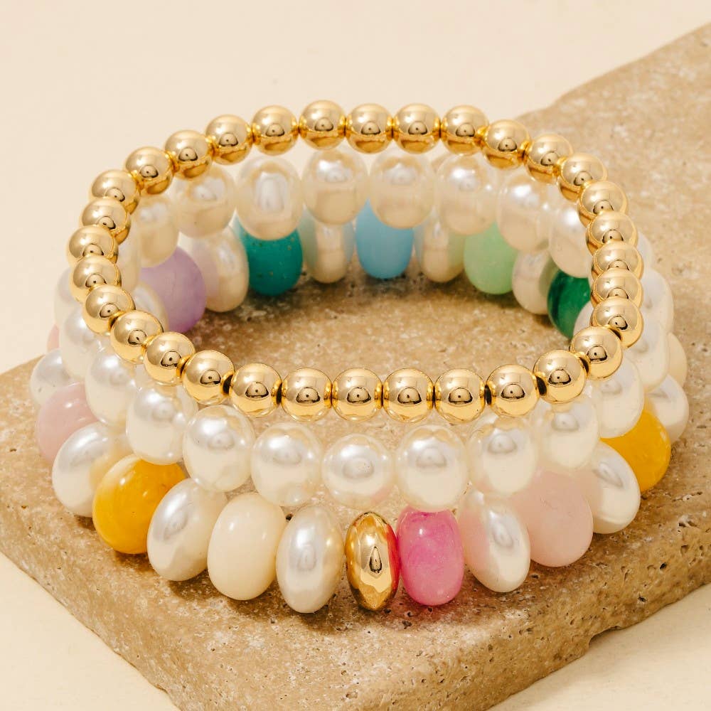 Multi Pearl Marble Resin And Metallic Beaded Bracelet Stack - The Edit LLC