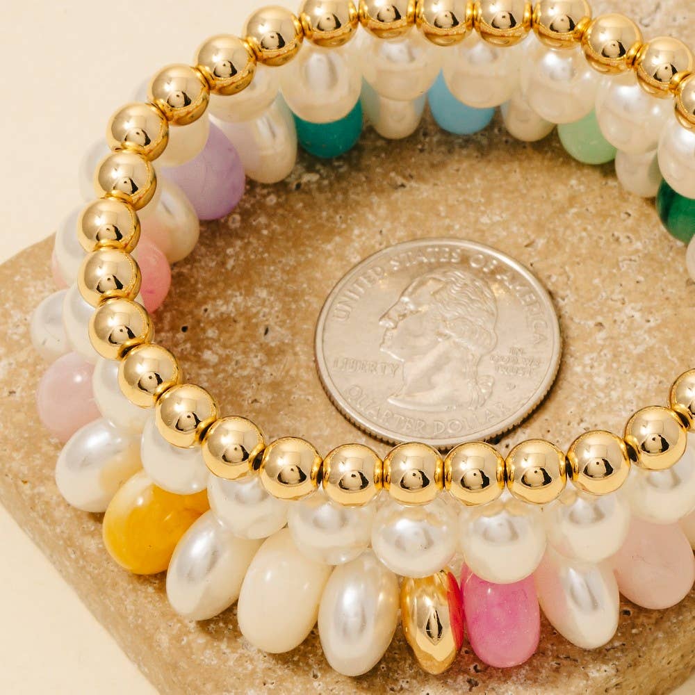 Multi Pearl Marble Resin And Metallic Beaded Bracelet Stack - The Edit LLC