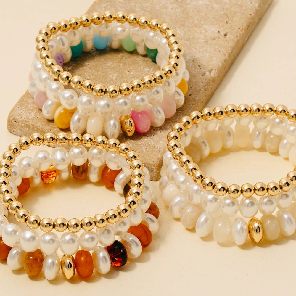 Multi Pearl Marble Resin And Metallic Beaded Bracelet Stack - The Edit LLC