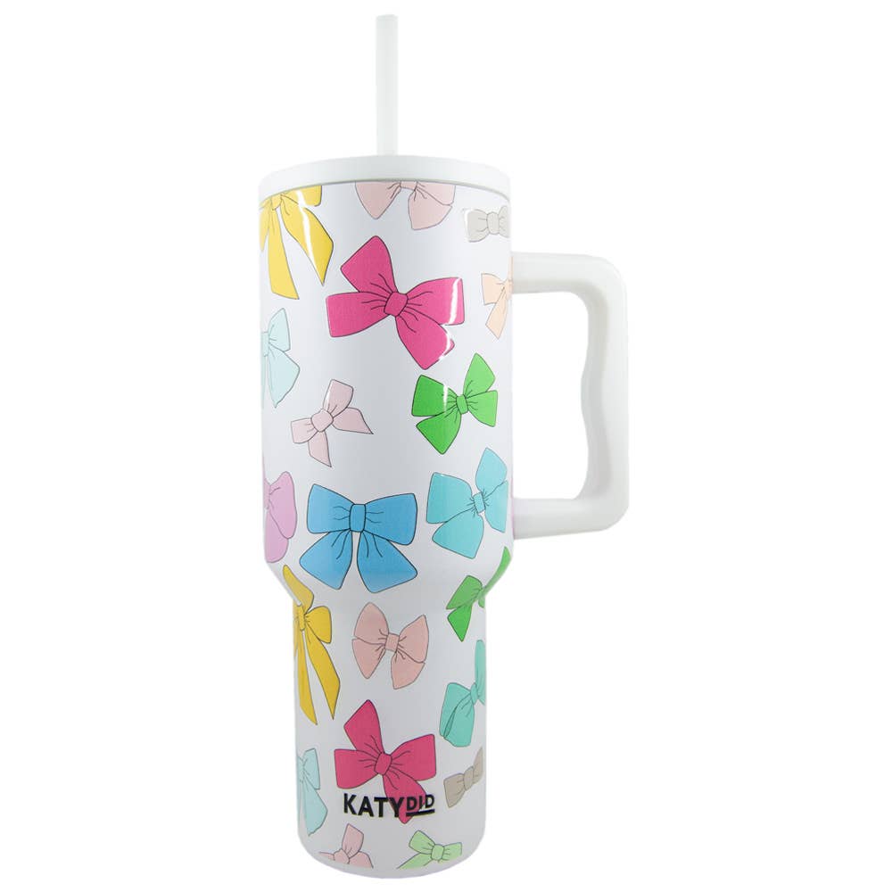 Multicolored Coquette Bows 38 Oz Tumbler w/ Handle: White - The Edit LLC