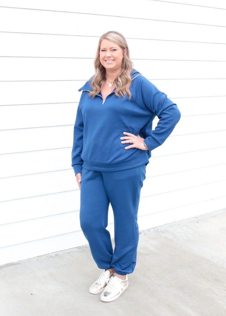 Navy PLUS SIZE Quarter Zip Pullover + Jogger Modal Travel Set - The Edit LLC