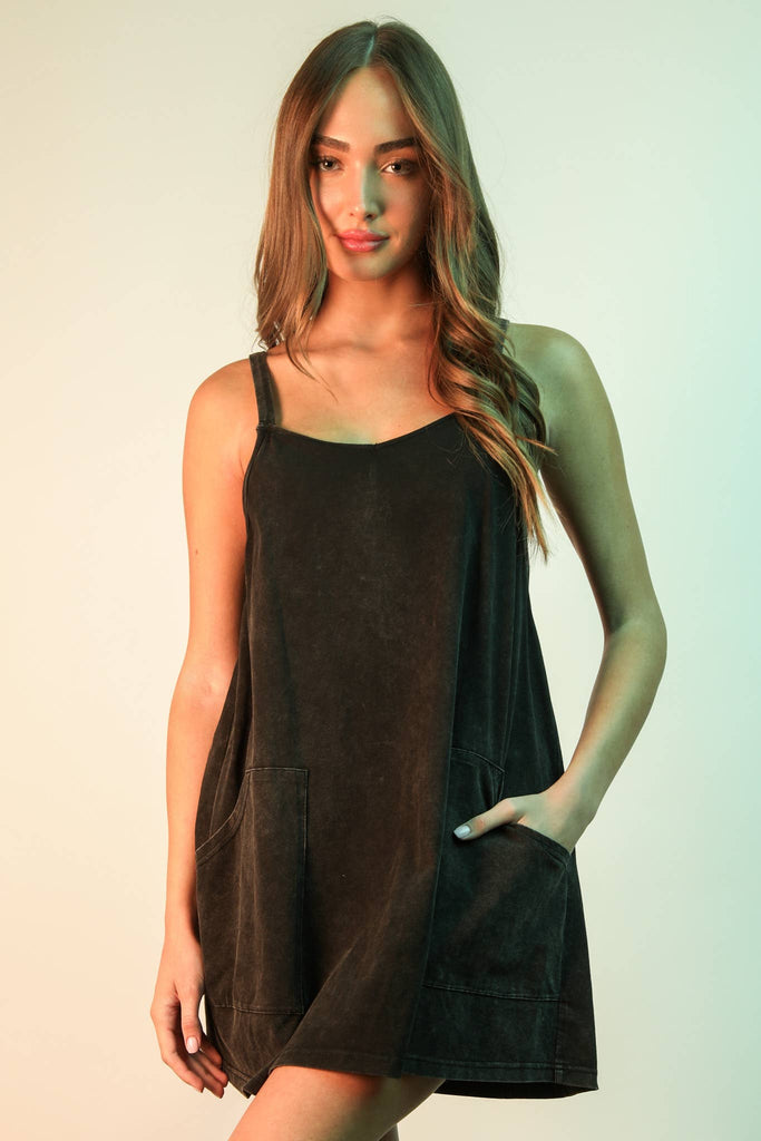 ND31251 - Mineral Washed Knit Mini Dress with Shorts Inside : BLACK / S - M - L/2 - 2 - 2 - The Edit LLC