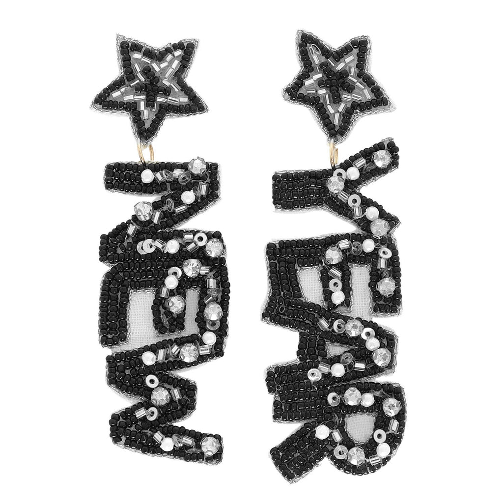 New Years Beaded Embroidery Lettering Earrings: Silver - The Edit LLC