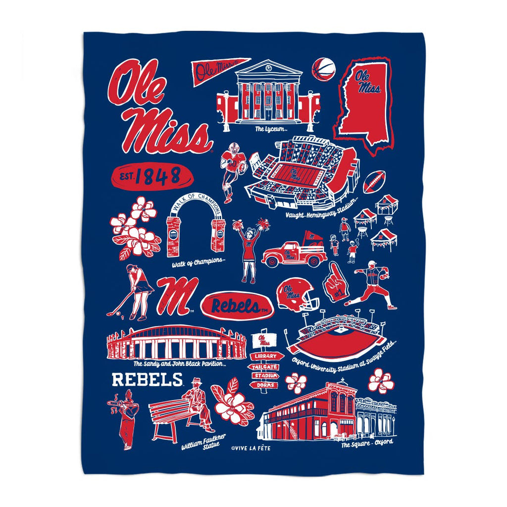 Ole Miss Rebels Hand Sketched Minky Blanket: Navy - The Edit LLC