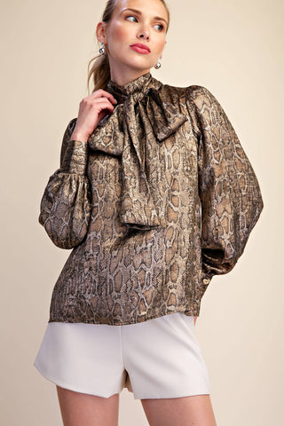Olive Animal High Neck Tied Satin Shirt - The Edit LLC