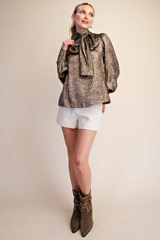 Olive Animal High Neck Tied Satin Shirt - The Edit LLC