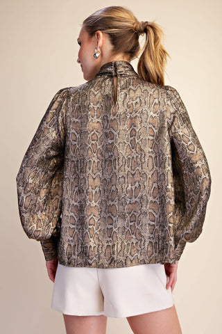 Olive Animal High Neck Tied Satin Shirt - The Edit LLC