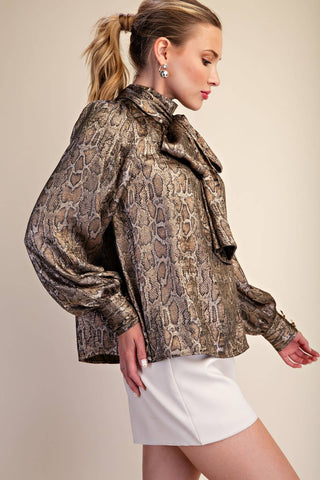 Olive Animal High Neck Tied Satin Shirt - The Edit LLC