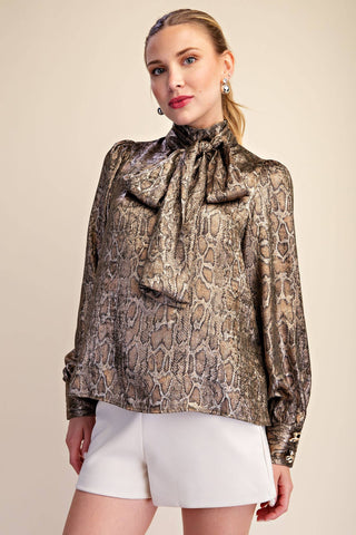 Olive Animal High Neck Tied Satin Shirt - The Edit LLC