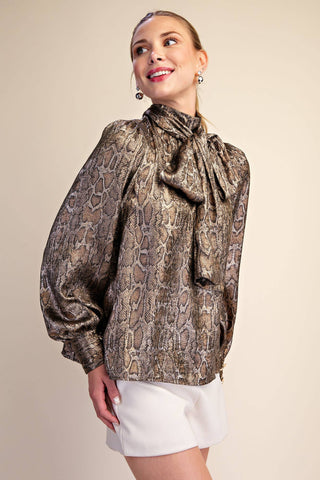 Olive Animal High Neck Tied Satin Shirt - The Edit LLC