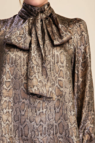 Olive Animal High Neck Tied Satin Shirt - The Edit LLC