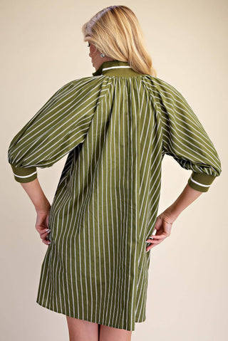 Olive Mock Neck Band Half Zip Stripe Mini Dress - The Edit LLC