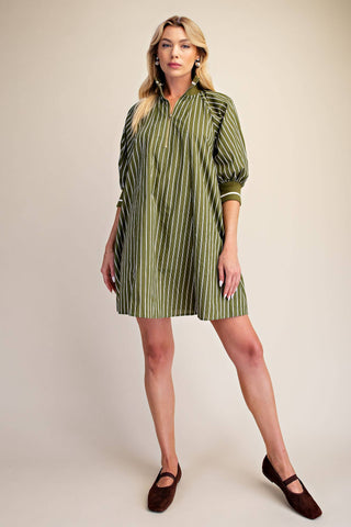 Olive Mock Neck Band Half Zip Stripe Mini Dress - The Edit LLC