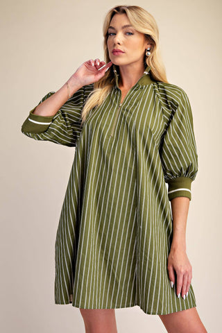 Olive Mock Neck Band Half Zip Stripe Mini Dress - The Edit LLC