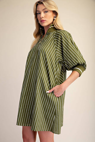 Olive Mock Neck Band Half Zip Stripe Mini Dress - The Edit LLC