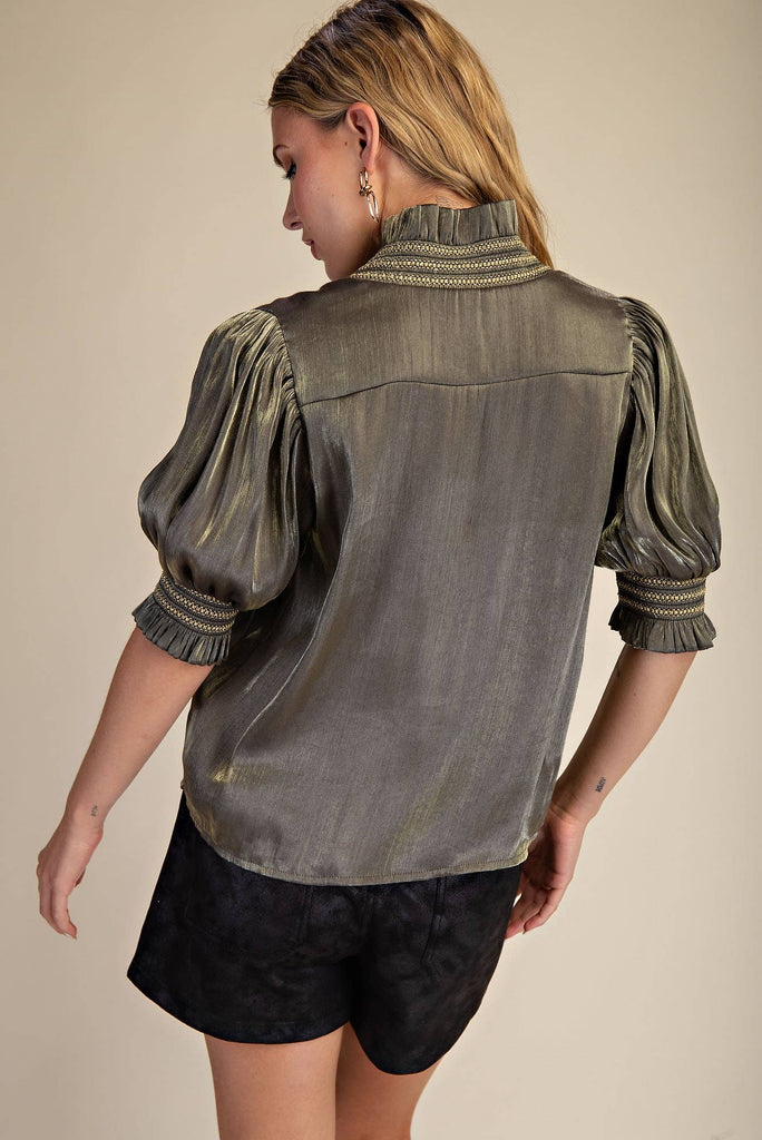 Olive Ruffle V - Neck Smocked Puff Sleeve Blouse - The Edit LLC