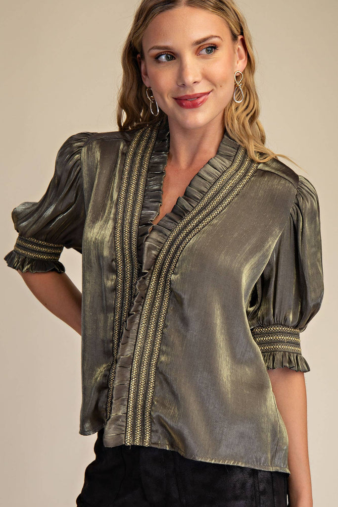 Olive Ruffle V - Neck Smocked Puff Sleeve Blouse - The Edit LLC