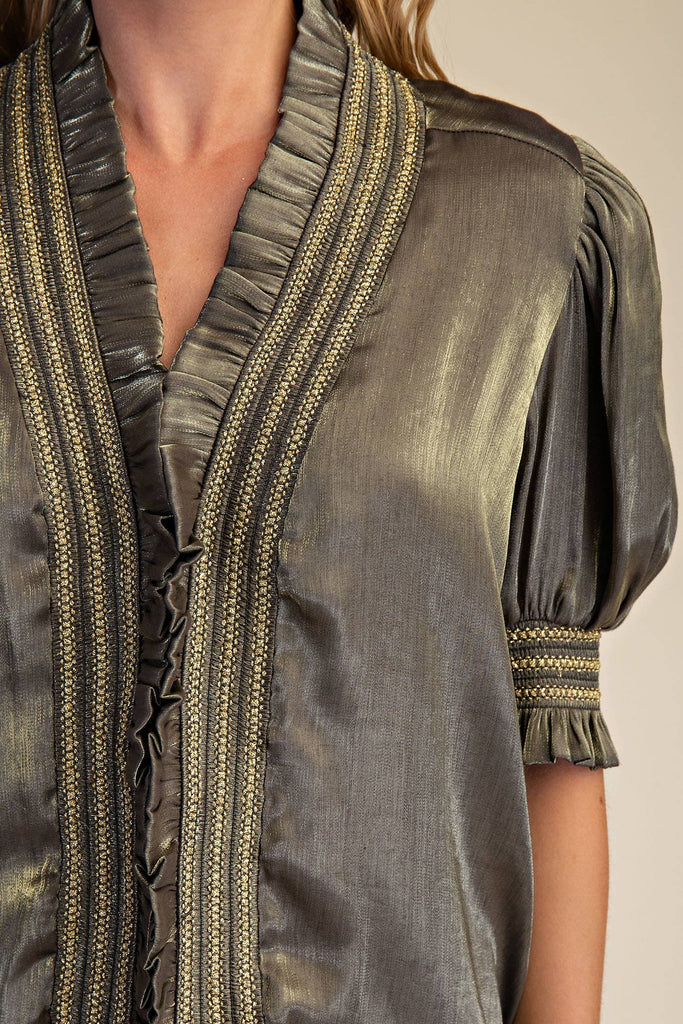 Olive Ruffle V - Neck Smocked Puff Sleeve Blouse - The Edit LLC