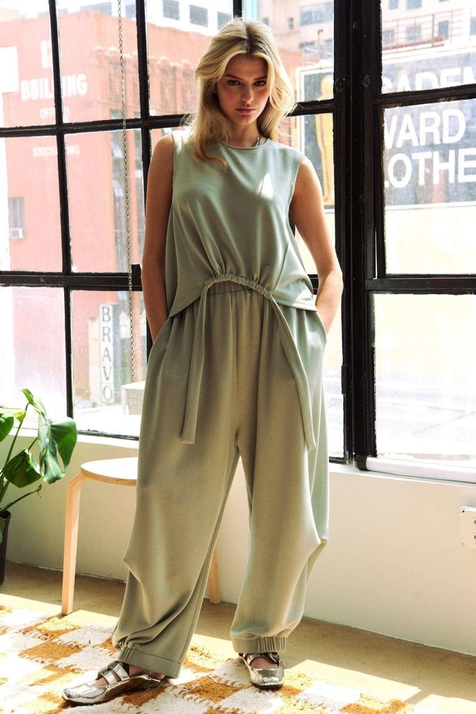 Olive Sage SOLID CREW NECK CINCH TIE TOP WAISTBAND PANTS SET: S - The Edit LLC