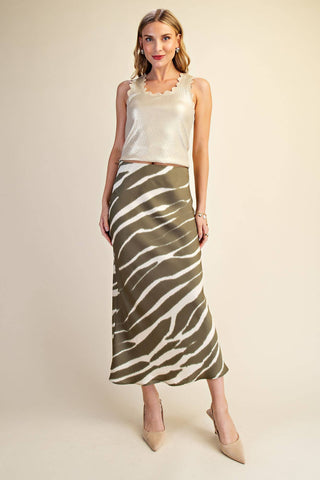 Olive Zebra Print High-Waist Midi Skirt - The Edit LLC