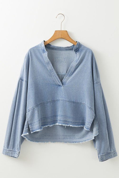 Oversized Denim Raw Hemmed Blouse - The Edit LLC