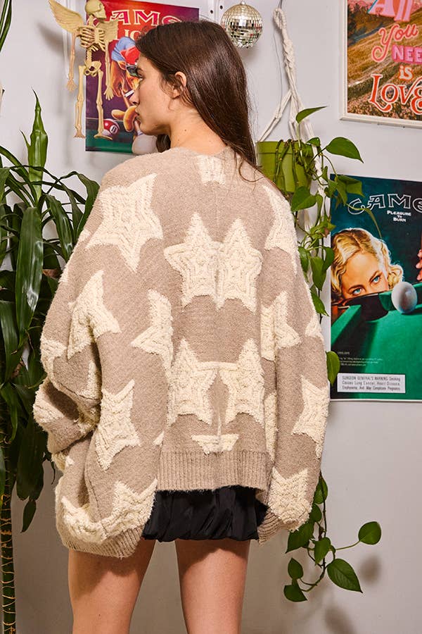 Oversized Star Pullover Sweater Cardigan: TAUPE MULTI - The Edit LLC