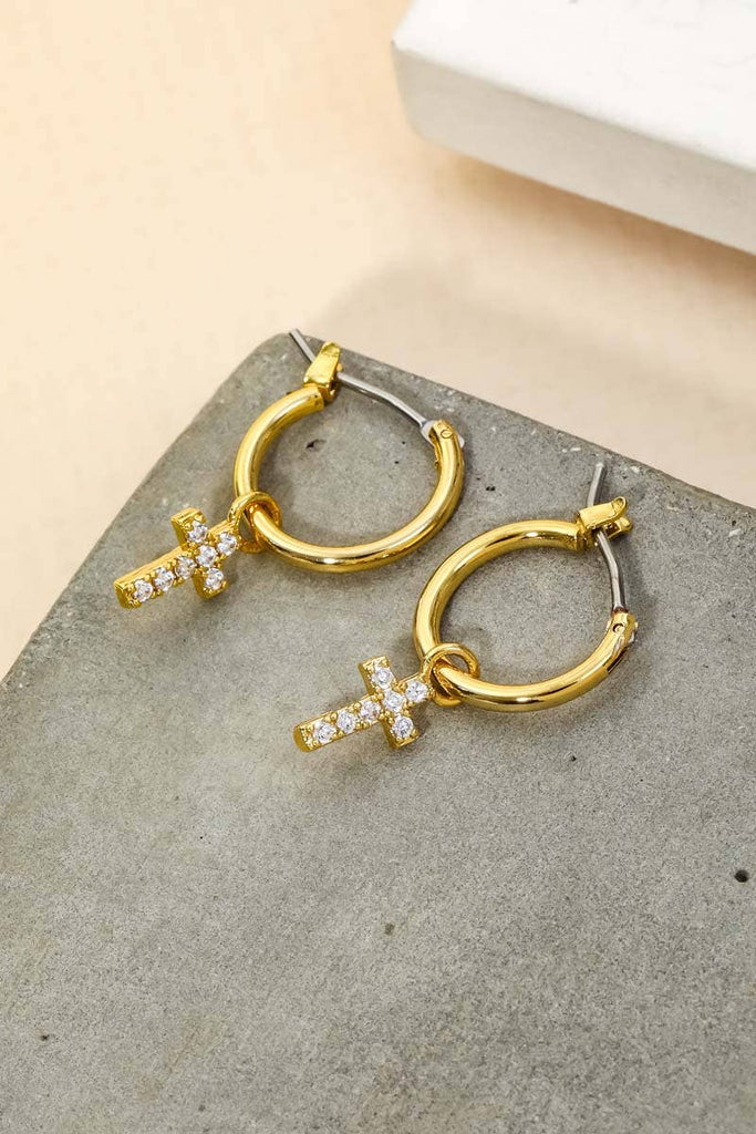 Pave Cross Hoop Huggie Earrings: G - The Edit LLC