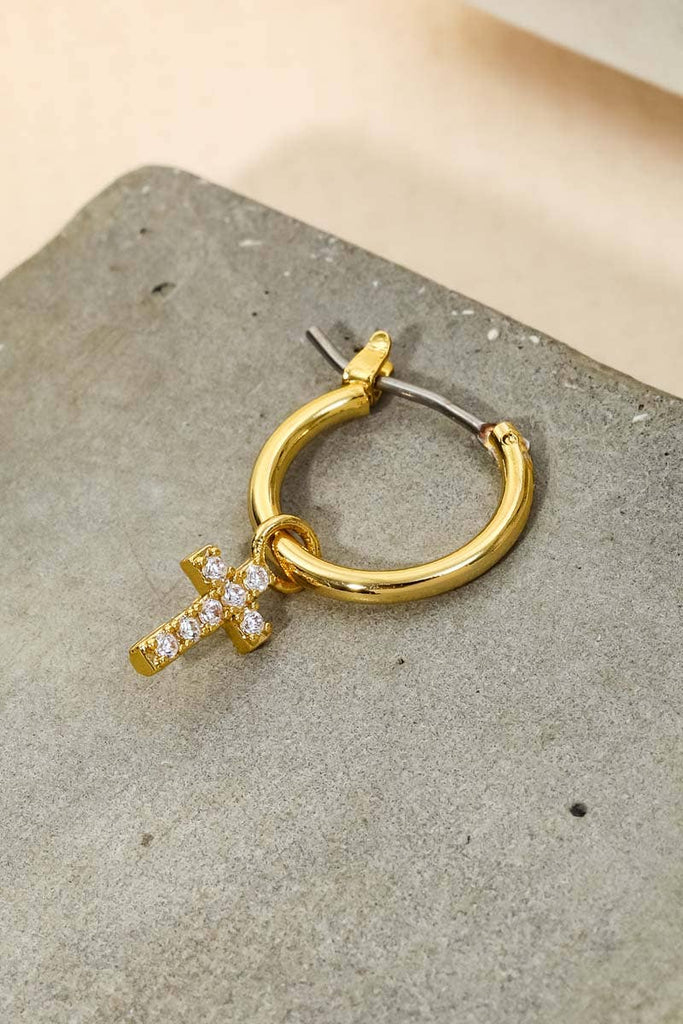 Pave Cross Hoop Huggie Earrings: G - The Edit LLC