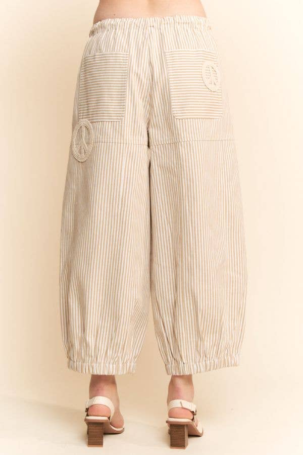 PEACE SIGN PINSTRIPE PALAZZO PANTS: Taupe / S - The Edit LLC