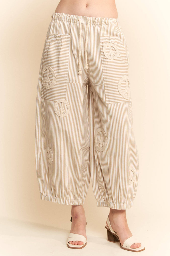 PEACE SIGN PINSTRIPE PALAZZO PANTS: Taupe / S - The Edit LLC