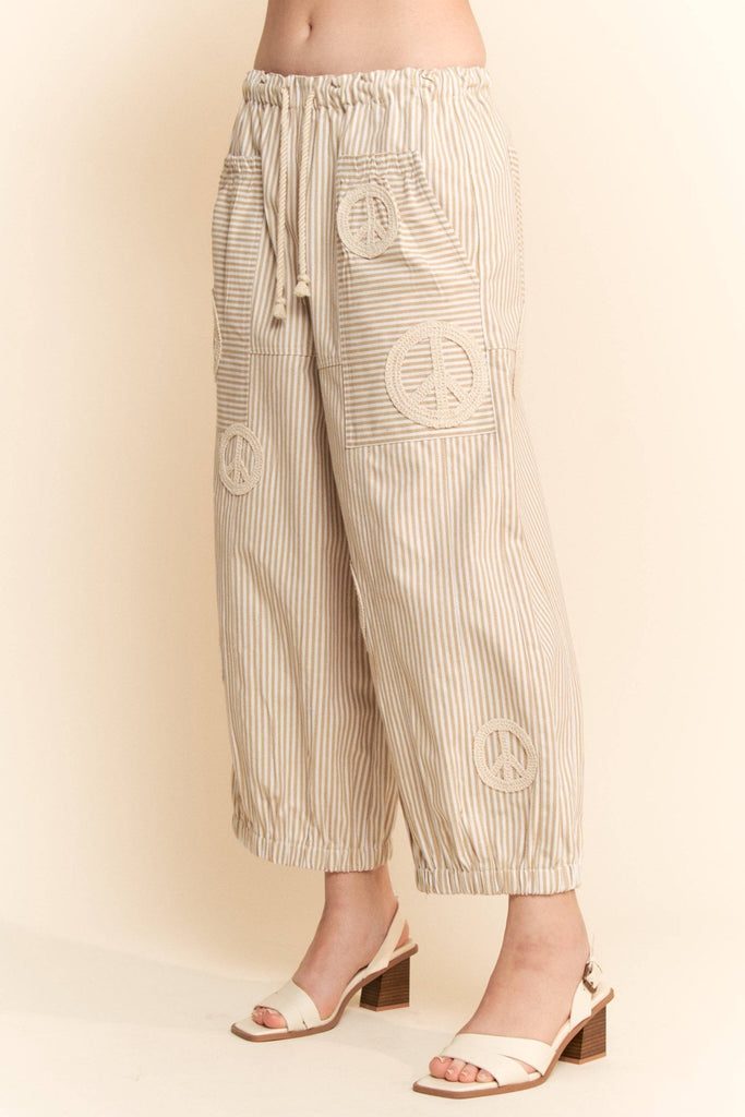 PEACE SIGN PINSTRIPE PALAZZO PANTS: Taupe / S - The Edit LLC