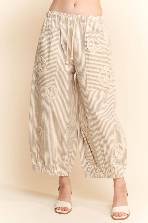 PEACE SIGN PINSTRIPE PALAZZO PANTS: Taupe / S - The Edit LLC