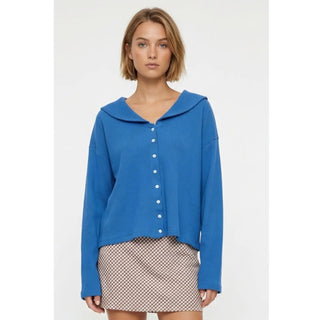 Peter Pan Collar Waffle Button Up - Cobalt - The Edit LLC