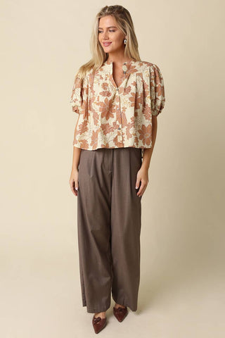 Pia Floral Puff Sleeve Blouse: NATURAL RUST - The Edit LLC