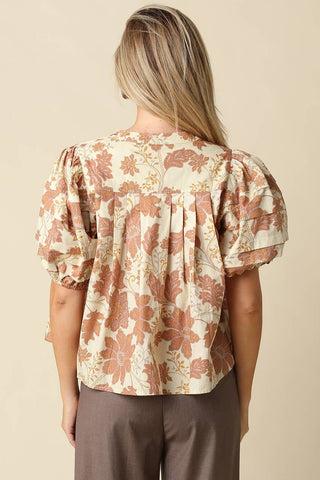 Pia Floral Puff Sleeve Blouse: NATURAL RUST - The Edit LLC