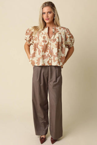 Pia Floral Puff Sleeve Blouse: NATURAL RUST - The Edit LLC