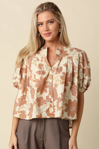 Pia Floral Puff Sleeve Blouse: NATURAL RUST - The Edit LLC