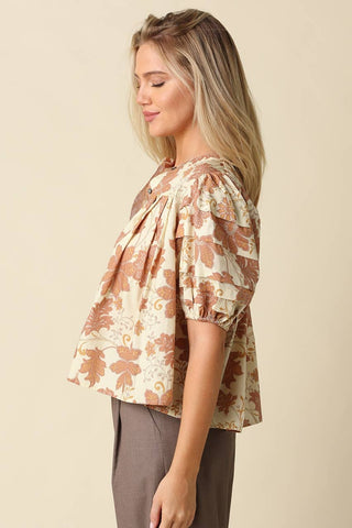Pia Floral Puff Sleeve Blouse: NATURAL RUST - The Edit LLC