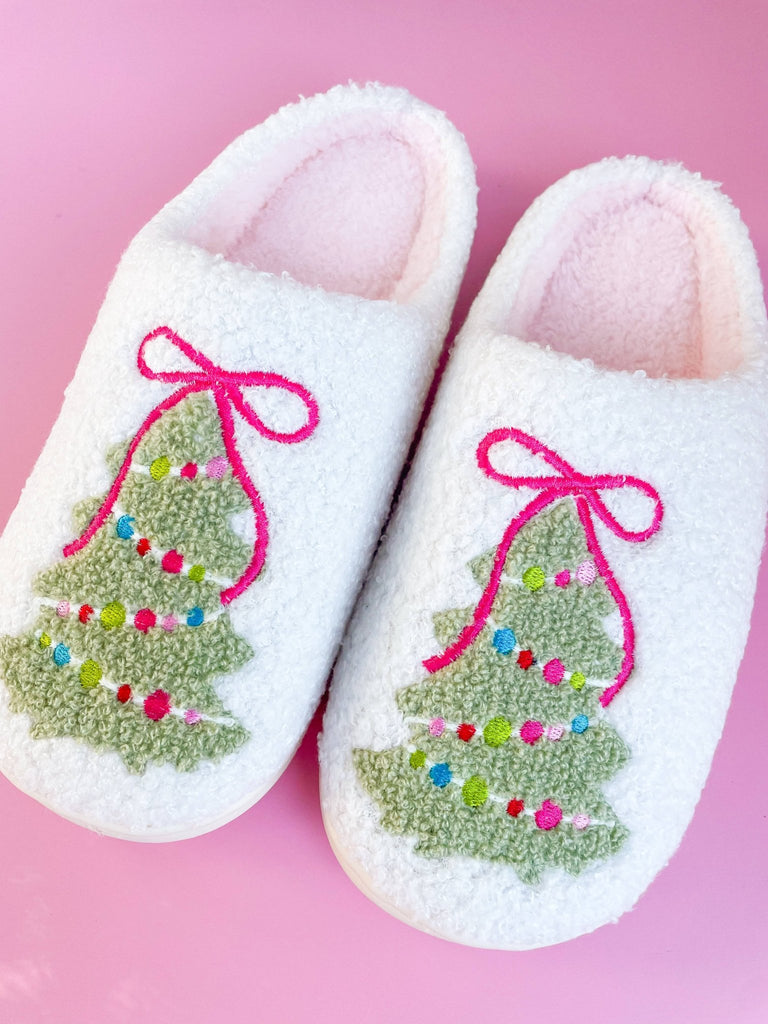 Pink Bow Christmas Tree Slippers: Large - The Edit LLC