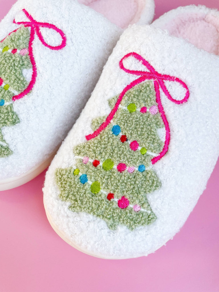 Pink Bow Christmas Tree Slippers: Large - The Edit LLC